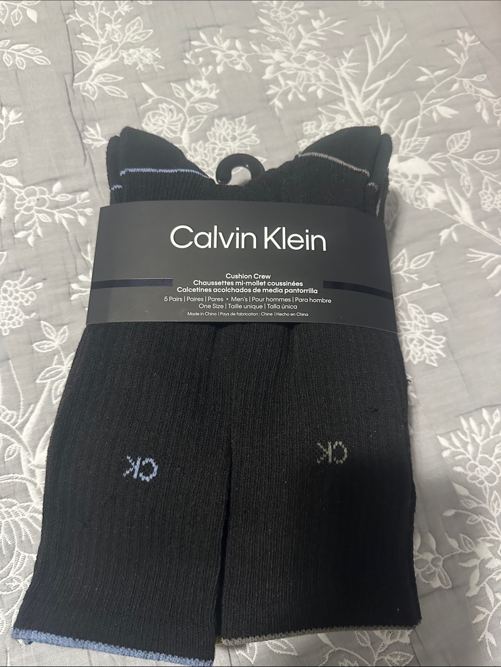 Calvin Klein Black Crew Cushion Socks with Subtle Blue Trim - 5 Pack